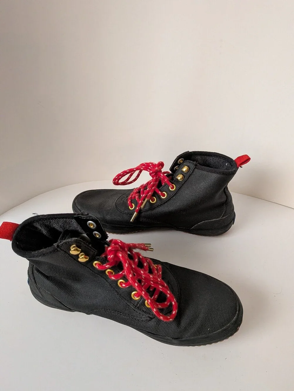 Keds Black High-Top Rain Boot with Red Laces and Gold Hardware